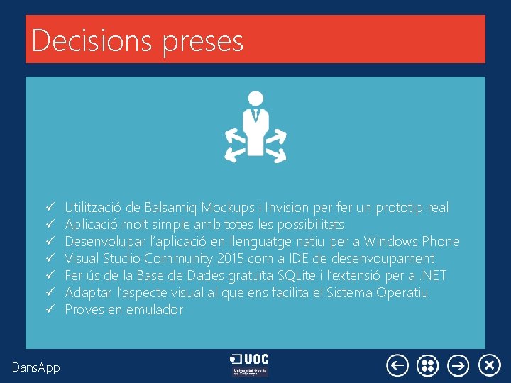 Decisions preses ü ü ü ü Dans. App Utilització de Balsamiq Mockups i Invision