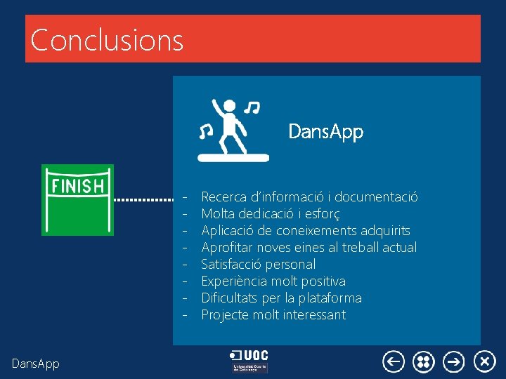 Conclusions Dans. App Recerca d’informació i documentació Molta dedicació i esforç Aplicació de coneixements