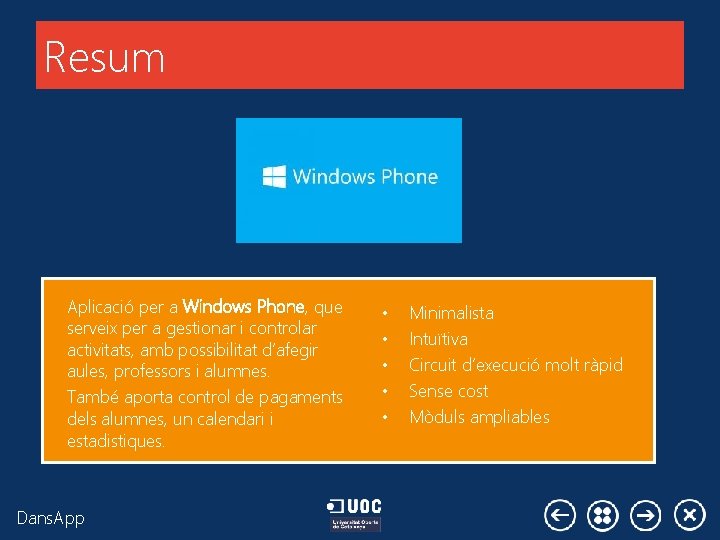 Resum Aplicació per a Windows Phone, que serveix per a gestionar i controlar activitats,