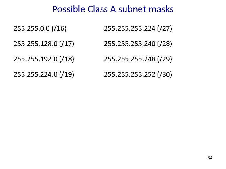 Possible Class A subnet masks 255. 0. 0 (/16) 255. 224 (/27) 255. 128.