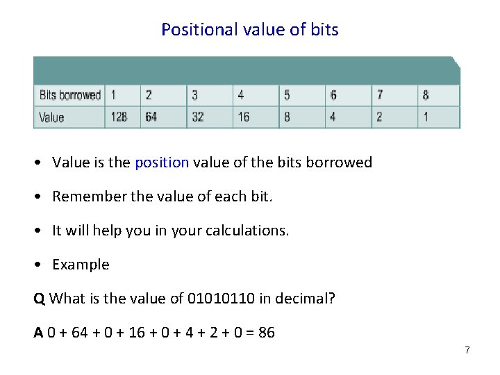 Positional value of bits • Value is the position value of the bits borrowed