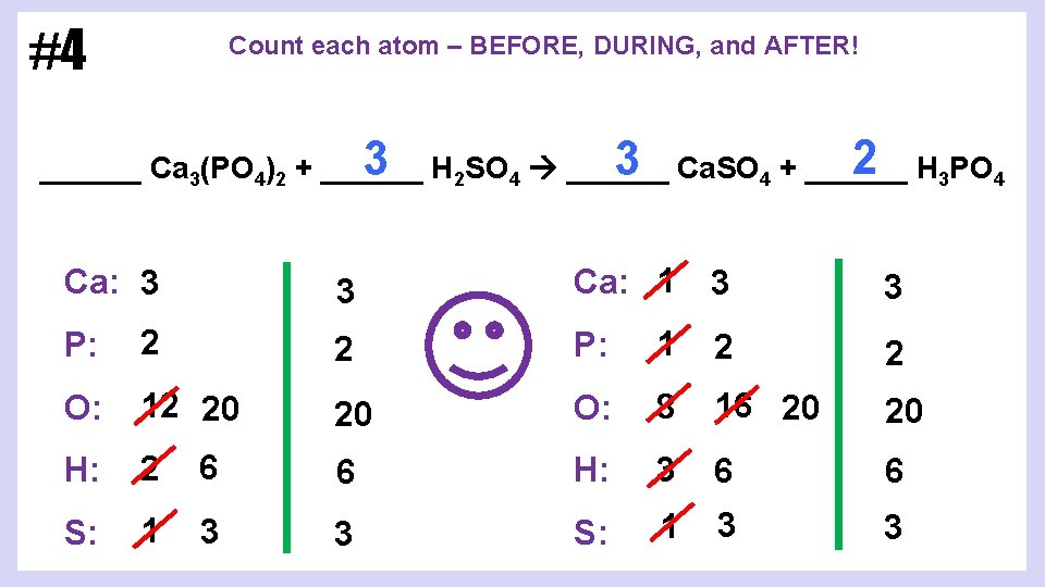 #4 Count each atom – BEFORE, DURING, and AFTER! 2 H 3 PO 4