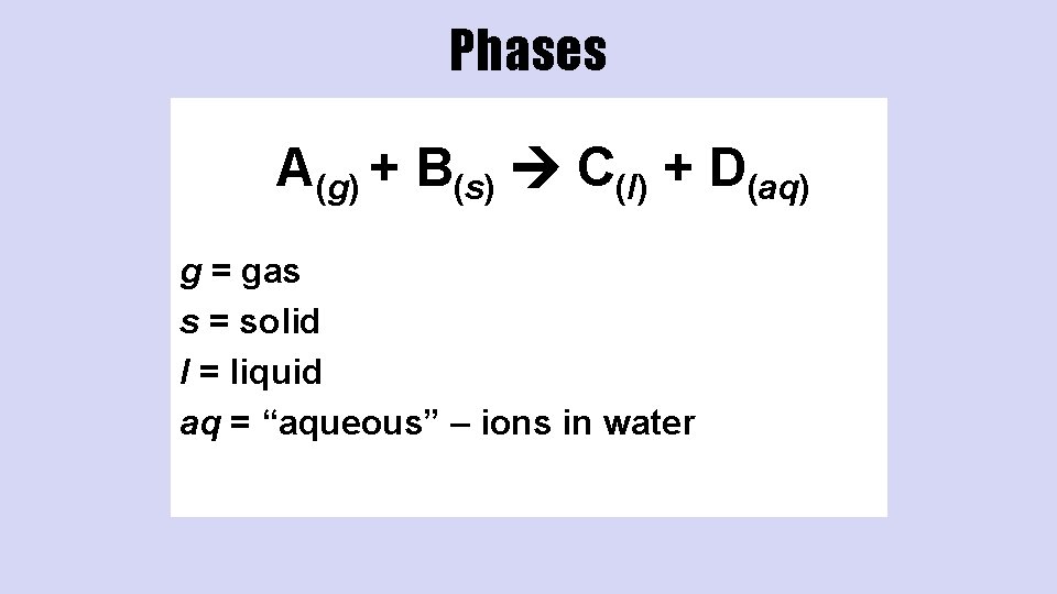 Phases A(g) + B(s) C(l) + D(aq) g = gas s = solid l