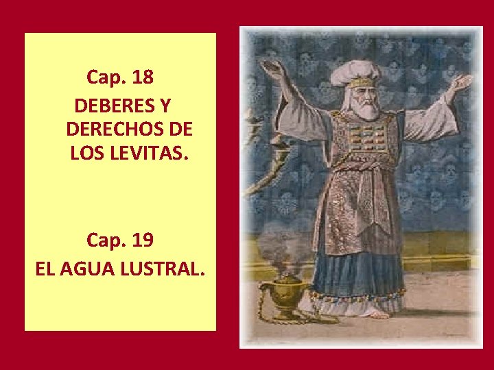 Cap. 18 DEBERES Y DERECHOS DE LOS LEVITAS. Cap. 19 EL AGUA LUSTRAL. 