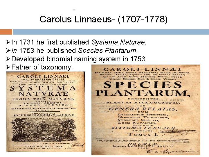 Carolus Linnaeus- (1707 -1778) ØIn 1731 he first published Systema Naturae. ØIn 1753 he