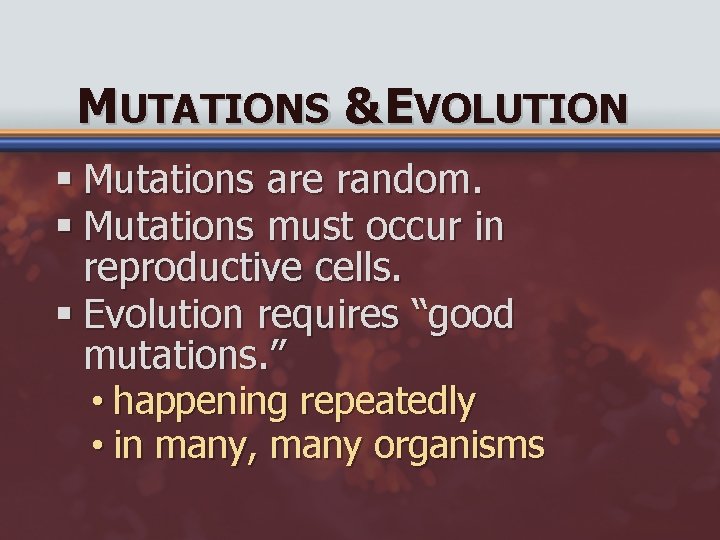 MUTATIONS & EVOLUTION § Mutations are random. § Mutations must occur in reproductive cells.