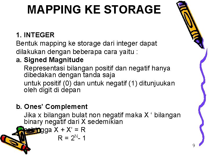 MAPPING KE STORAGE 1. INTEGER Bentuk mapping ke storage dari integer dapat dilakukan dengan