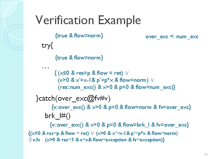 Verification Example {true & flow=norm} over_exc <: num_exc try{ {true & flow=norm} … {