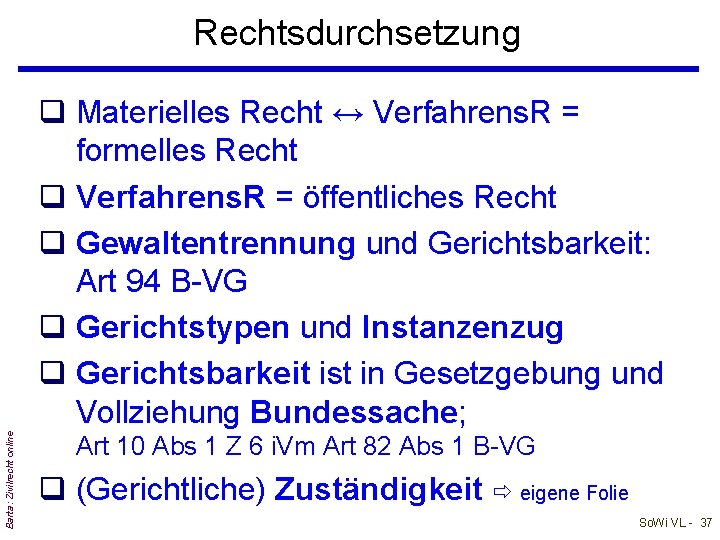 Rechtsdurchsetzung Barta: Zivilrecht online q Materielles Recht ↔ Verfahrens. R = formelles Recht q