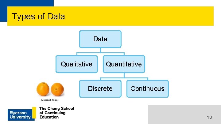 Types of Data Qualitative Quantitative Discrete Continuous 18 