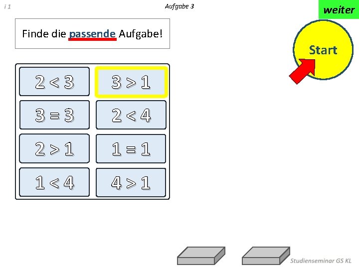 Aufgabe 3 weiter Finde die passende Aufgabe! Start 2<3 3>1 3=3 2<4 2>1 1=1