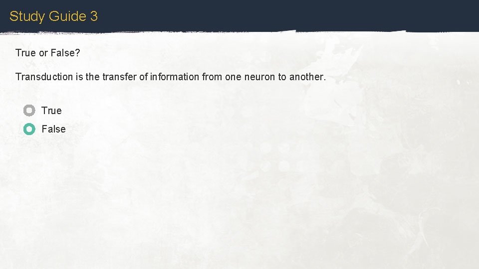 Study Guide 3 True or False? Transduction is the transfer of information from one