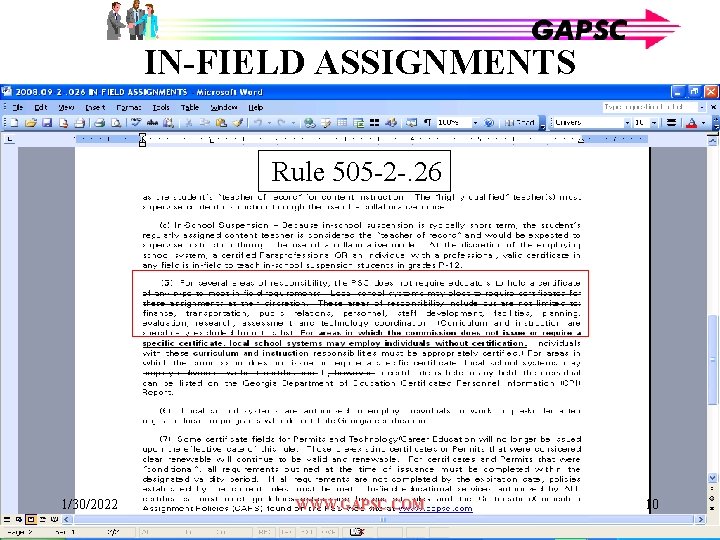 IN-FIELD ASSIGNMENTS Rule 505 -2 -. 26 1/30/2022 WWW. GAPSC. COM 10 