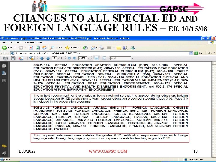 CHANGES TO ALL SPECIAL ED AND FOREIGN LANGUAGE RULES – Eff. 10/15/08 1/30/2022 WWW.