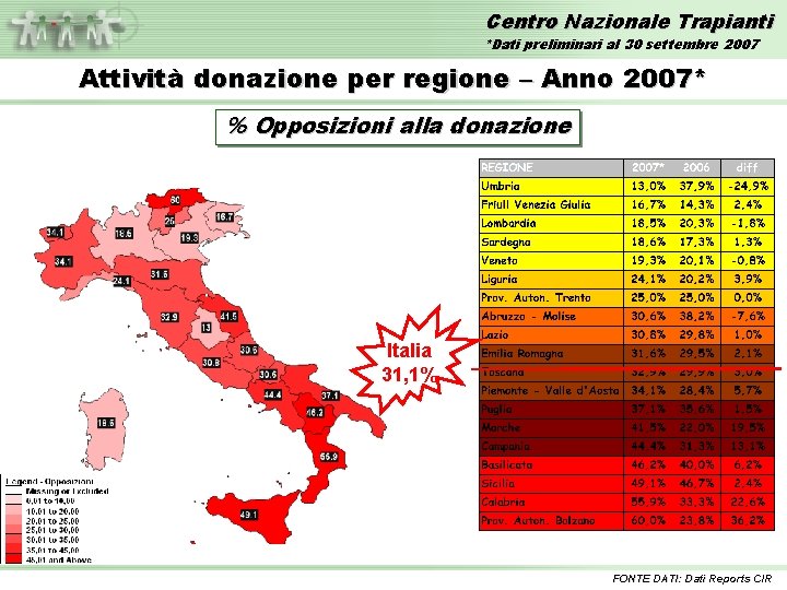 Centro Nazionale Trapianti *Dati preliminari al 30 settembre 2007 Attività donazione per regione –