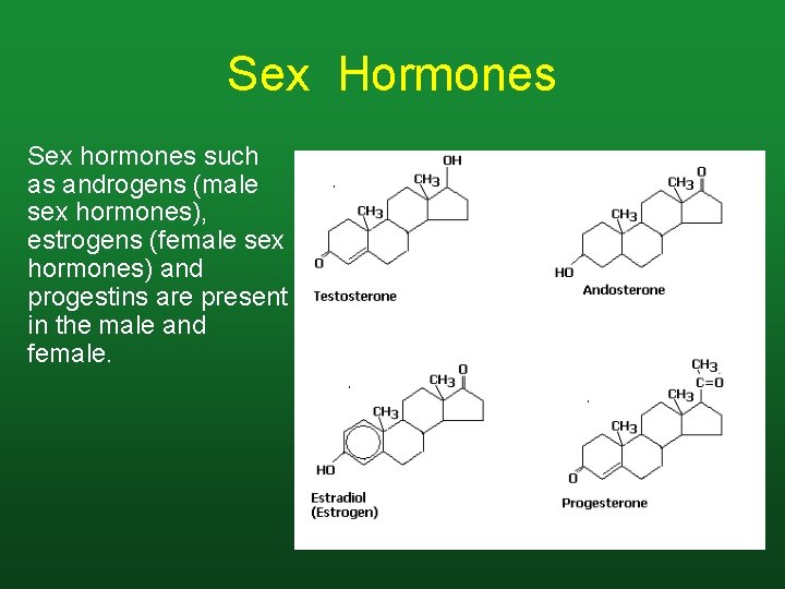 Sex Hormones Sex hormones such as androgens (male sex hormones), estrogens (female sex hormones)