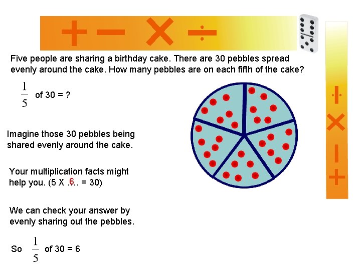 Five people are sharing a birthday cake. There are 30 pebbles spread evenly around
