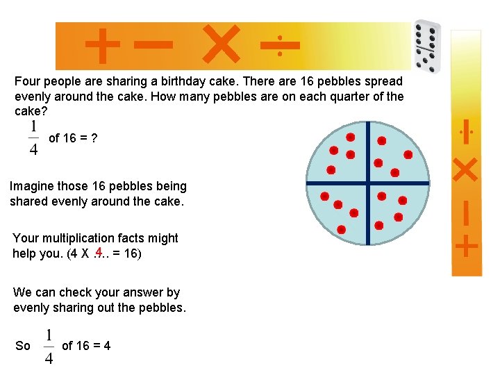 Four people are sharing a birthday cake. There are 16 pebbles spread evenly around