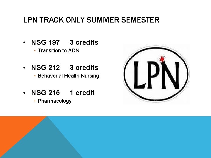 LPN TRACK ONLY SUMMER SEMESTER • NSG 197 3 credits • Transition to ADN