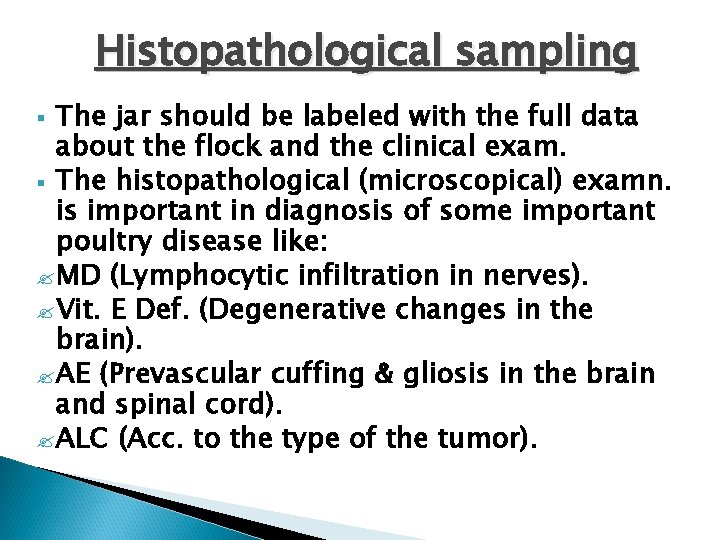 Histopathological sampling The jar should be labeled with the full data about the flock