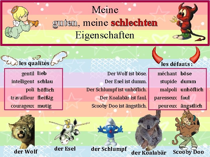 Meine guten, guten meine schlechten Eigenschaften les qualités : les défauts : gentil lieb