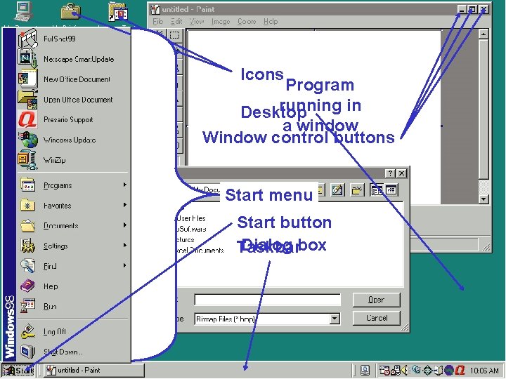 Icons Program running in Desktop a window Window control buttons Start menu Start button Icons Program running in Desktop a window Window control buttons Start menu Start button