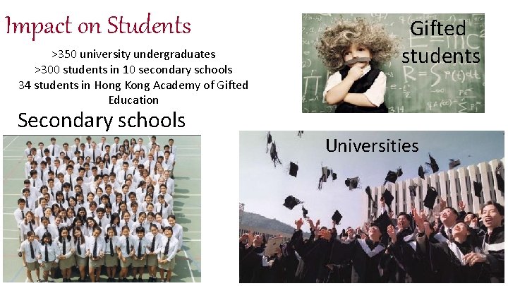 Impact on Students >350 university undergraduates >300 students in 10 secondary schools 34 students