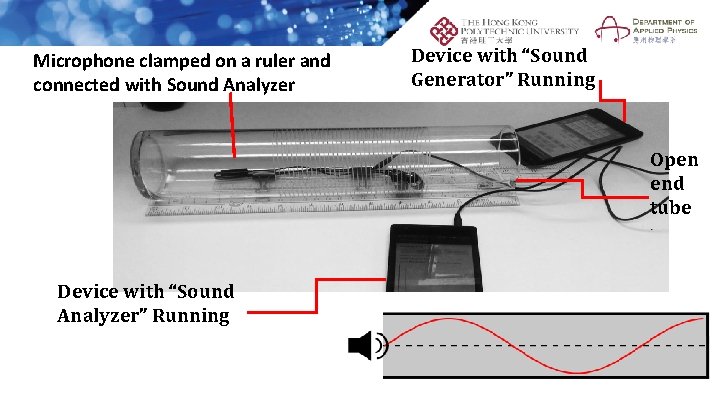 Microphone clamped on a ruler and connected with Sound Analyzer Device with “Sound Generator”