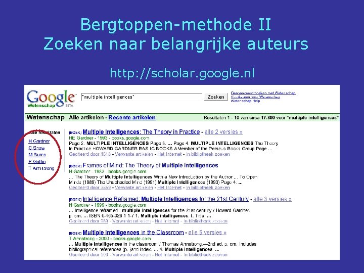 Bergtoppen-methode II Zoeken naar belangrijke auteurs http: //scholar. google. nl 