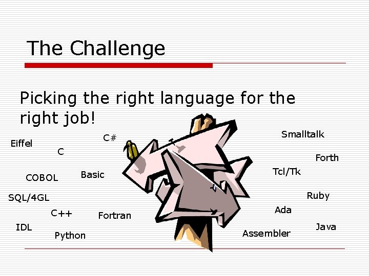 The Challenge Picking the right language for the right job! Eiffel C# Smalltalk C The Challenge Picking the right language for the right job! Eiffel C# Smalltalk C