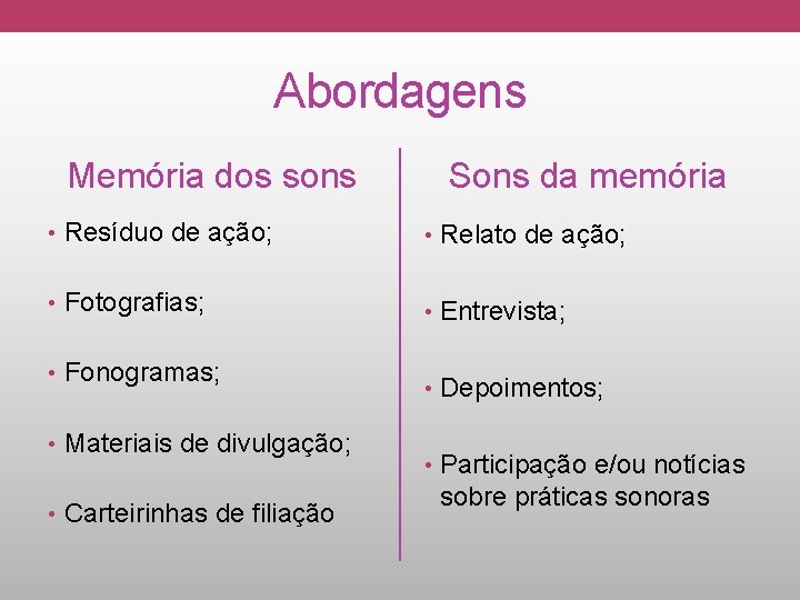 Abordagens Memória dos sons Sons da memória • Resíduo de ação; • Relato de