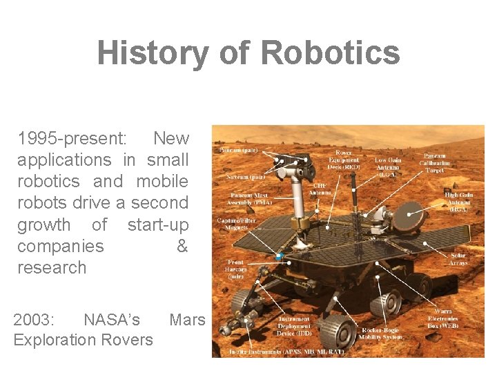 History of Robotics 1995 -present: New applications in small robotics and mobile robots drive