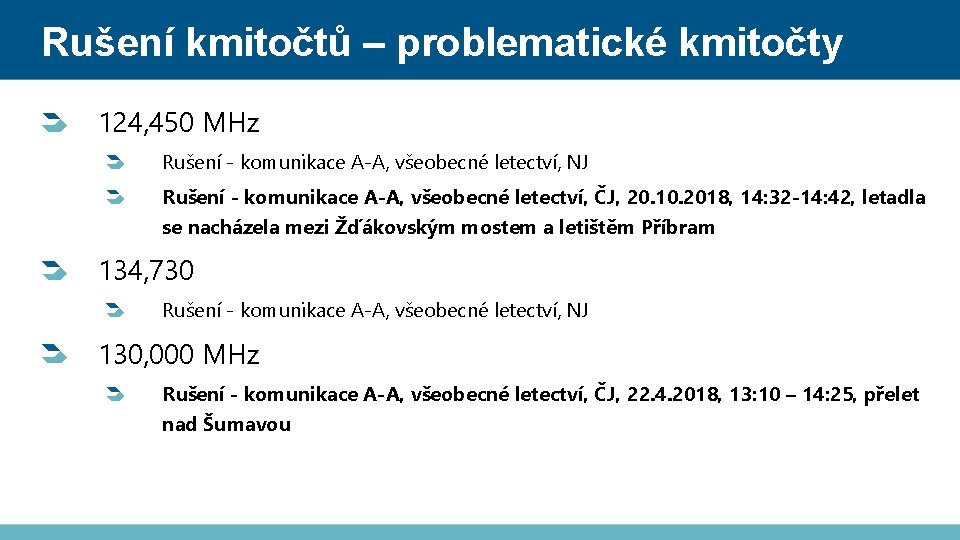 Rušení kmitočtů – problematické kmitočty 124, 450 MHz Rušení - komunikace A-A, všeobecné letectví,