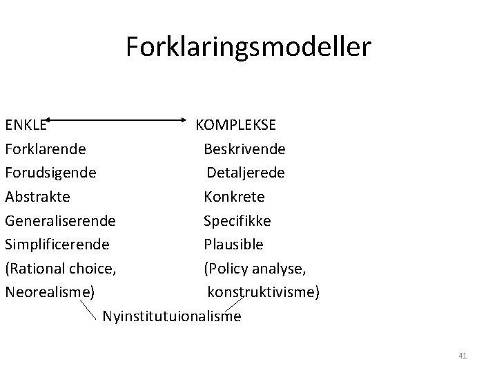 Forklaringsmodeller ENKLE KOMPLEKSE Forklarende Beskrivende Forudsigende Detaljerede Abstrakte Konkrete Generaliserende Specifikke Simplificerende Plausible (Rational