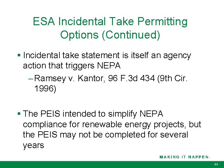 ESA Incidental Take Permitting Options (Continued) § Incidental take statement is itself an agency