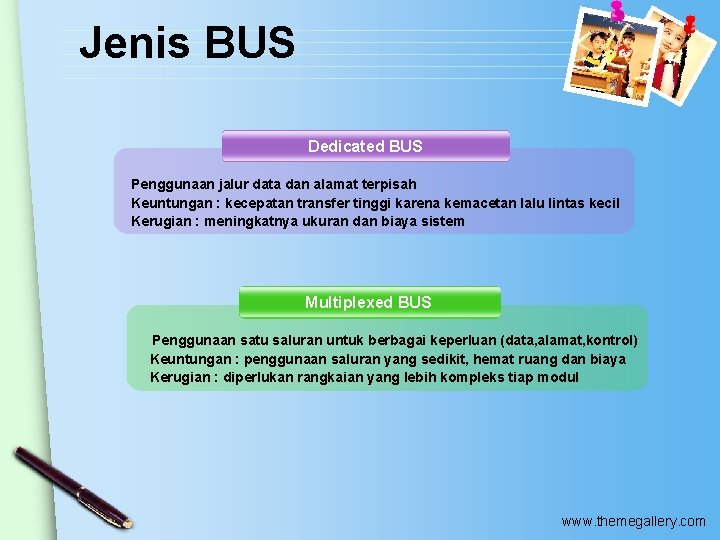 Jenis BUS Dedicated BUS Penggunaan jalur data dan alamat terpisah Keuntungan : kecepatan transfer