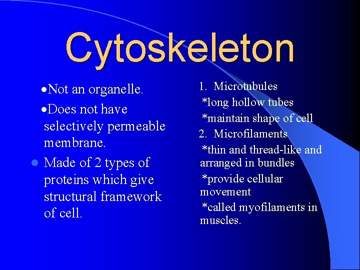 Cytoskeleton ·Not an organelle. ·Does not have selectively permeable membrane. l Made of 2