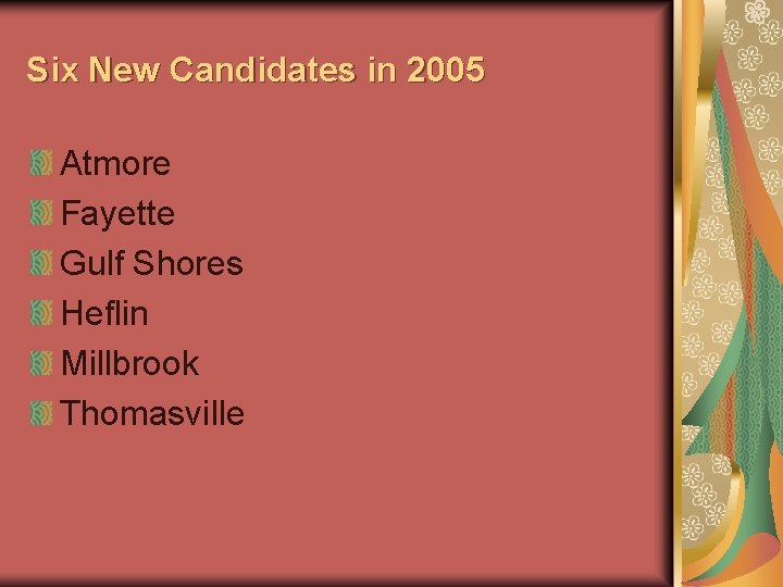 Six New Candidates in 2005 Atmore Fayette Gulf Shores Heflin Millbrook Thomasville 