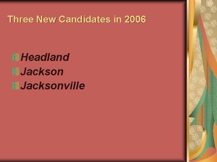 Three New Candidates in 2006 Headland Jacksonville 