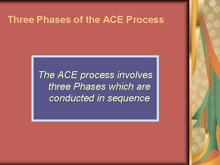 Three Phases of the ACE Process The ACE process involves three Phases which are