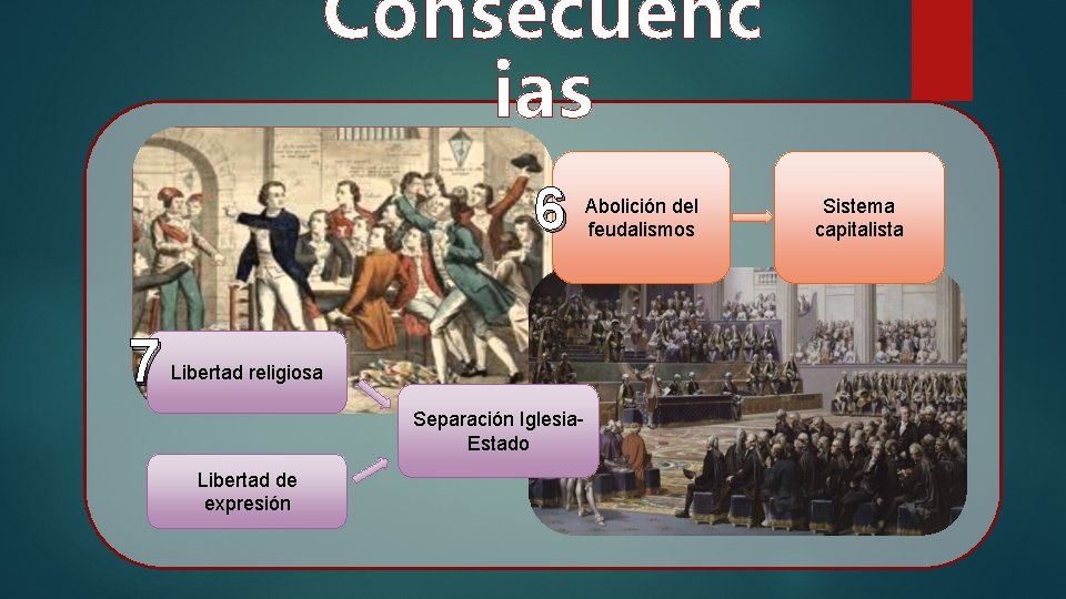 Consecuenc ias 6 7 Libertad religiosa Separación Iglesia. Estado Libertad de expresión Abolición del