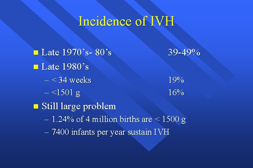 Incidence of IVH Late 1970’s- 80’s n Late 1980’s n – < 34 weeks