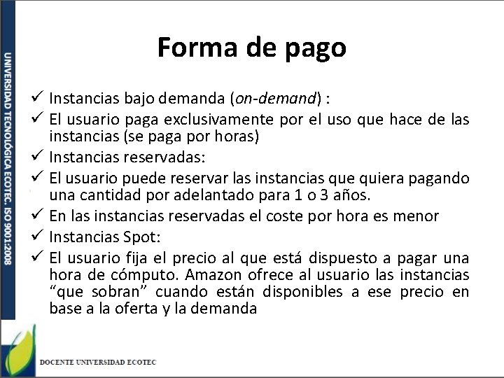 Forma de pago ü Instancias bajo demanda (on-demand) : ü El usuario paga exclusivamente