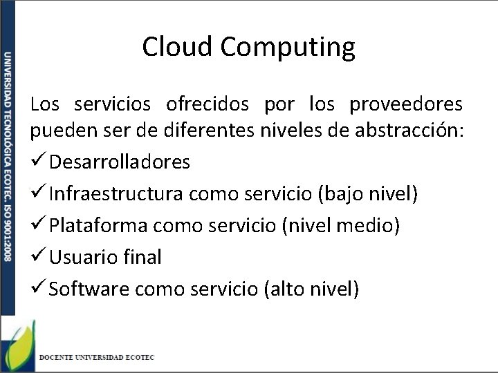 Cloud Computing Los servicios ofrecidos por los proveedores pueden ser de diferentes niveles de