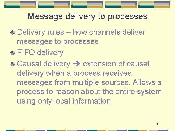 Message delivery to processes Delivery rules – how channels deliver messages to processes FIFO Message delivery to processes Delivery rules – how channels deliver messages to processes FIFO