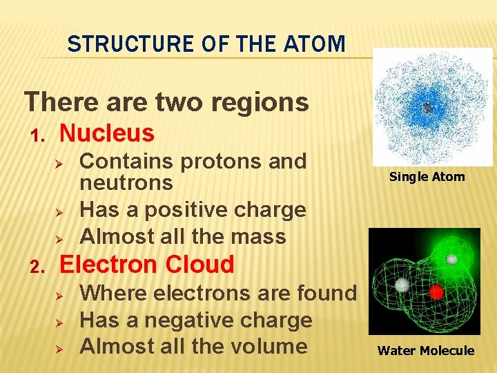 STRUCTURE OF THE ATOM There are two regions 1. Nucleus 2. Contains protons and