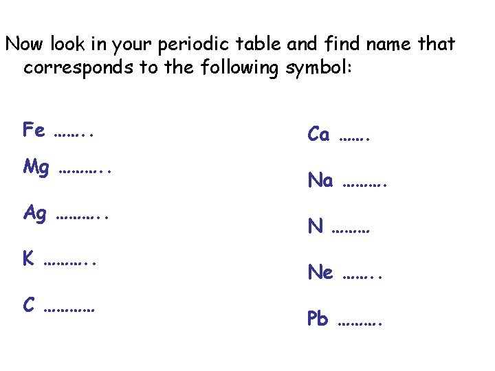 Now look in your periodic table and find name that corresponds to the following