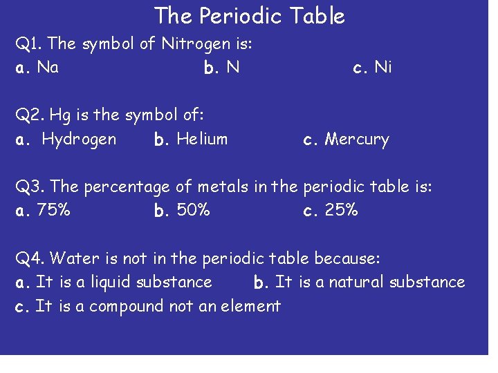 The Periodic Table Q 1. The symbol of Nitrogen is: a. Na b. N