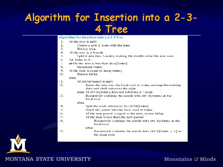 Algorithm for Insertion into a 2 -34 Tree 