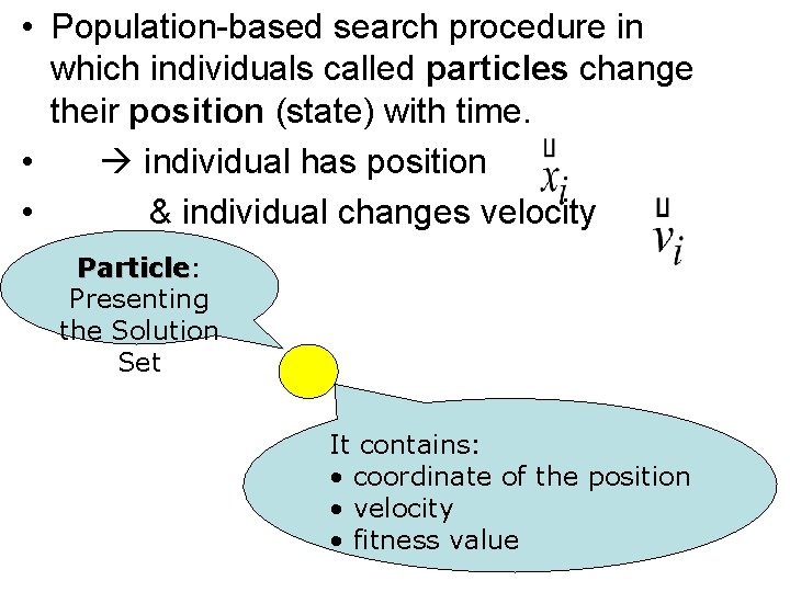  • Population-based search procedure in which individuals called particles change their position (state)